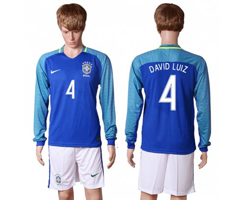 Brazil #4 David Luiz Away Long Sleeves Soccer Country Jersey - Click Image to Close